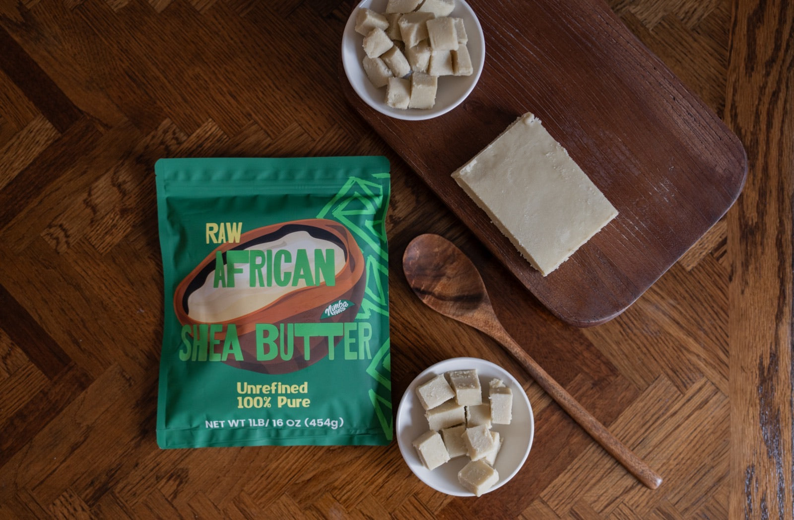 Unrefined shea butter from Guinea — flat lay with raw chunks