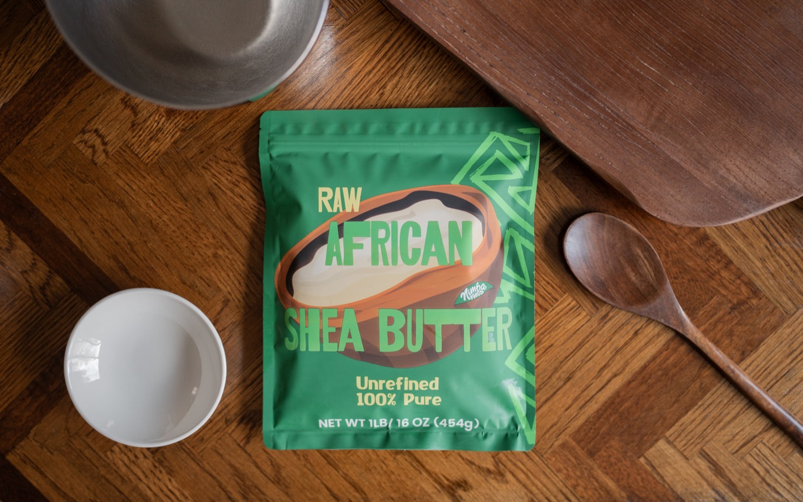 Nimba shea butter pouch back — QR-traceable origin